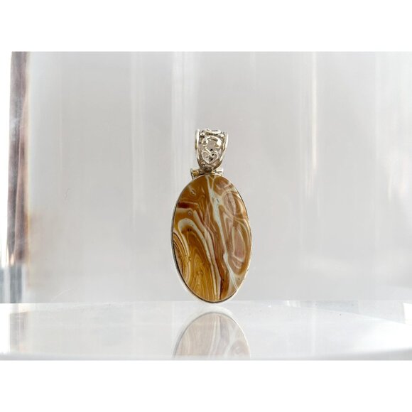 Utah Agate Brown & Gold Oval Floral Bail Sterling Silver 925 Vintage Pendant - Picture 9 of 10